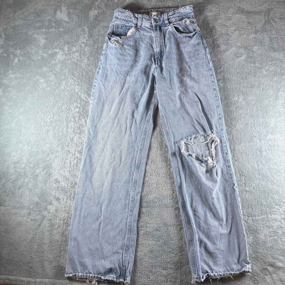 HM Womens Light Wash Distressed Wide Leg High Waist Jeans Size 4 Light Blue‎